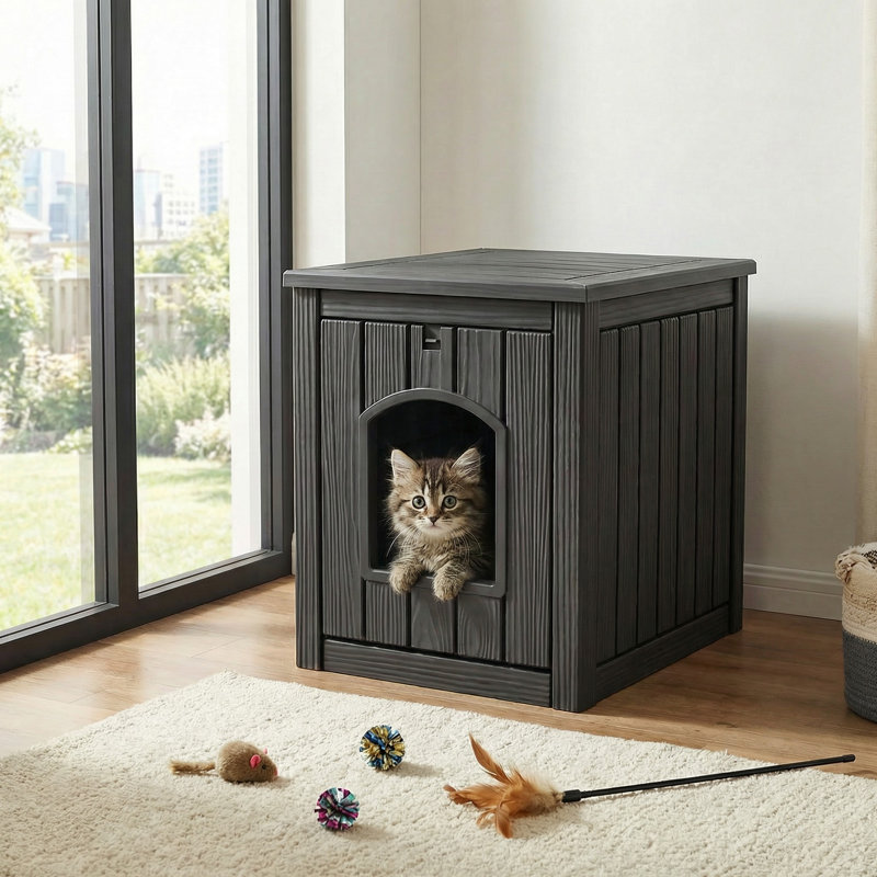 Niche pour chien imperméable avec bac à litière surélevé et table de bout pour chats avec verrou de sécurité, Noir