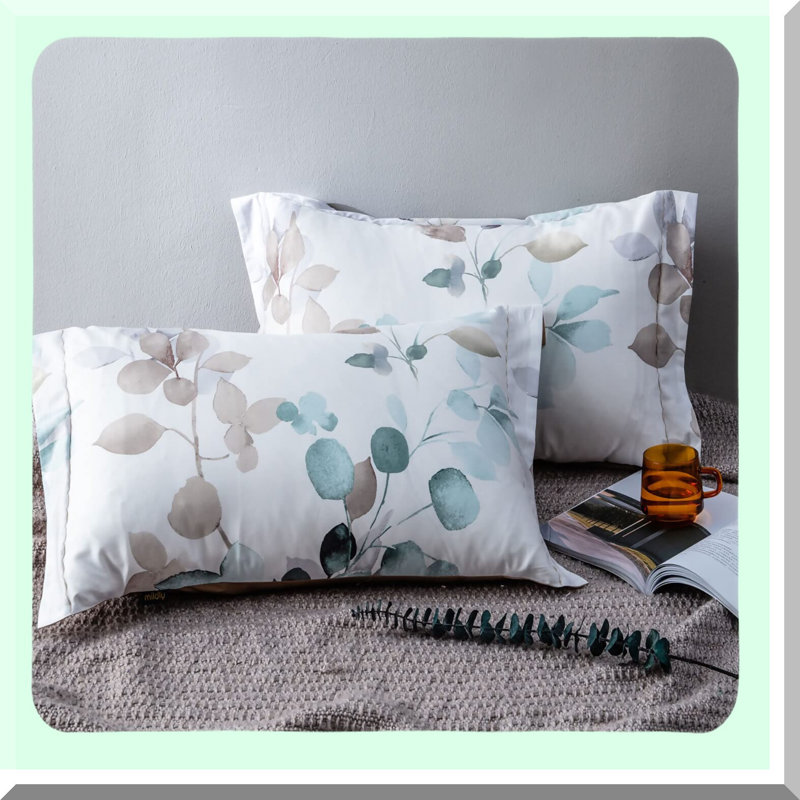 Teal Leaves Gradient Pillow Shams Set - Queen Size 20"x26" - 100% Cotton Envelope Pillowcases - 2pcs Pack - Decorative Bedding Accessories