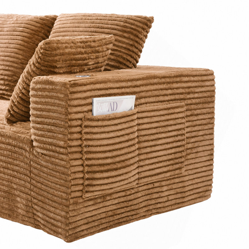 Canapé modulaire de 95 po avec méridienne en forme de L, conception à quatre places sans os, Tissu brun