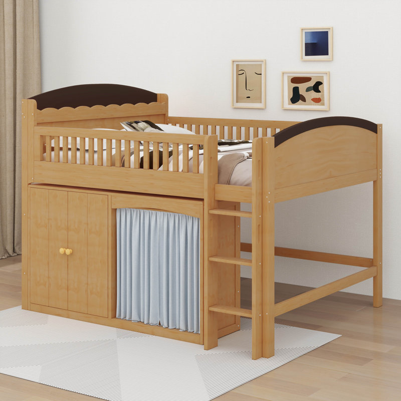 Loft Bed With Storage Wardrobe & Cabinet, Solid Wood Mid Century Modern Loft Bed With LED,Storage & Ladder, Guardrails