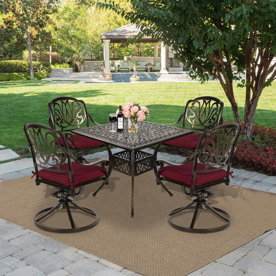 5-piece Outdoor Patio Dining Set, All-weather Cast Aluminum Conversation Set, Patio Furniture Set For Balcony Lawn Garden, Include 4 Swivel Dining Chairs, A 35.4" Square Table W/umbrella Hole MEETWARM Cushion 