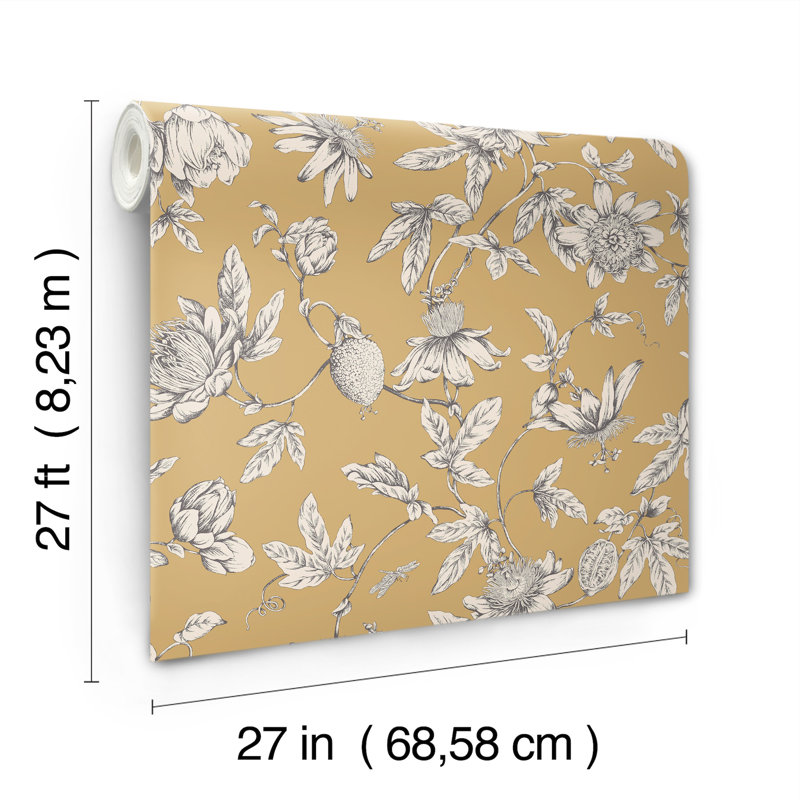 Passion Flower Toile Floral Wallpaper Roll, Harvest