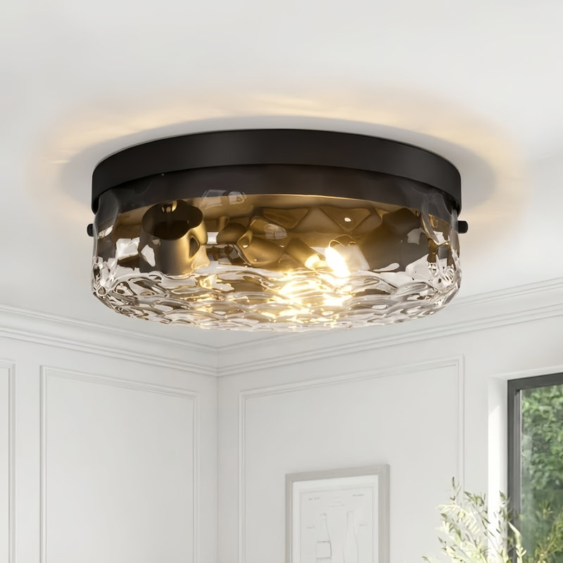 12''-3 Lights Matte Black Modern Metal And Glass Drum Dimmable Flush Mount Lighting For Bedroom, Matte Black