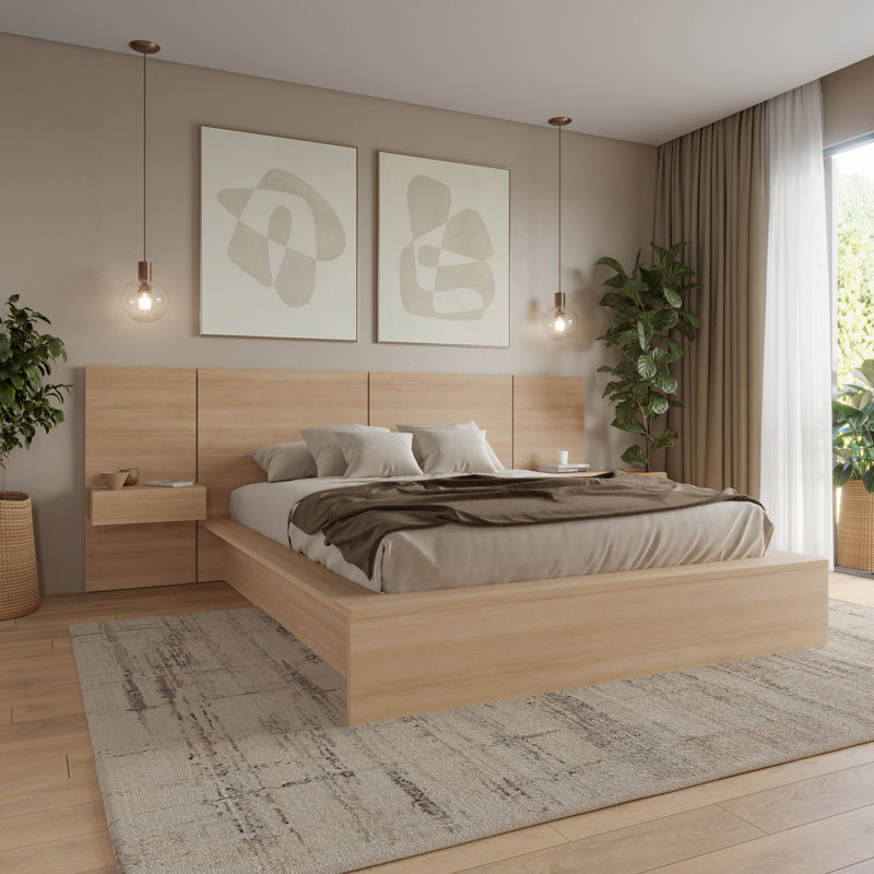 James 3 Piece Bedroom Set with Bed and 2 Floating Nightstands, Beige, King