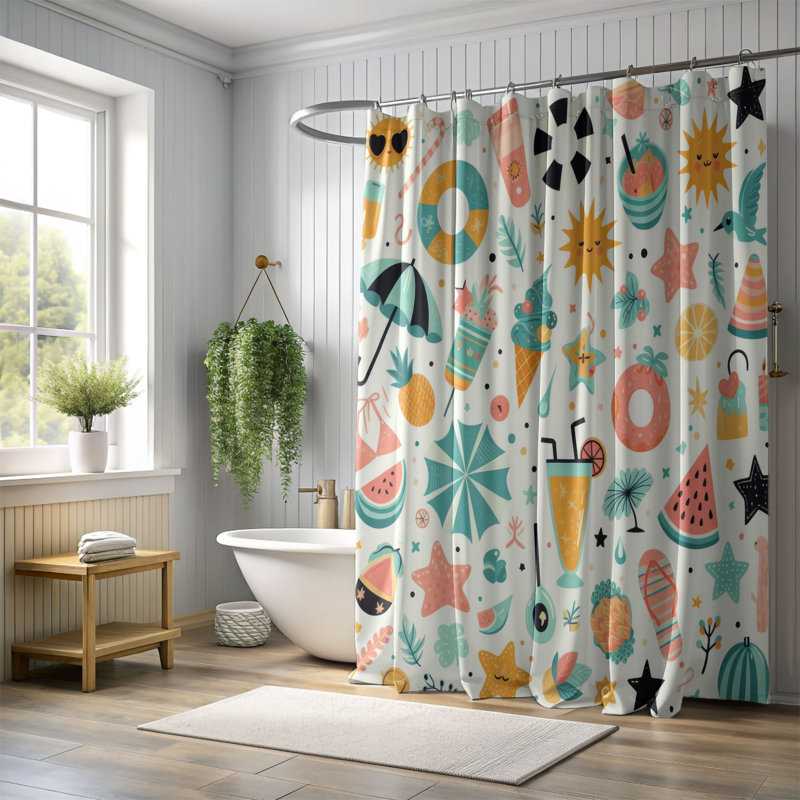 Rideau de douche standard 1 pièce Old-School Summer, H 74 po x l 71 po