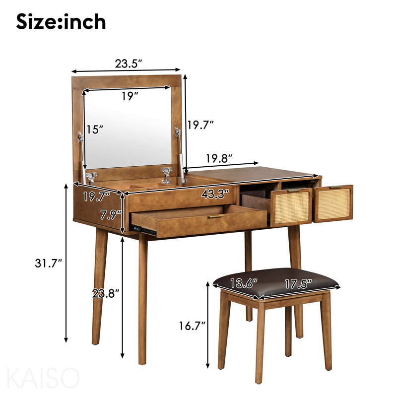 Ensemble coiffeuse 43,3 "en bois avec miroir rabattable et tabouret, coiffeuse avec trois tiroirs et espace de rangement, brun