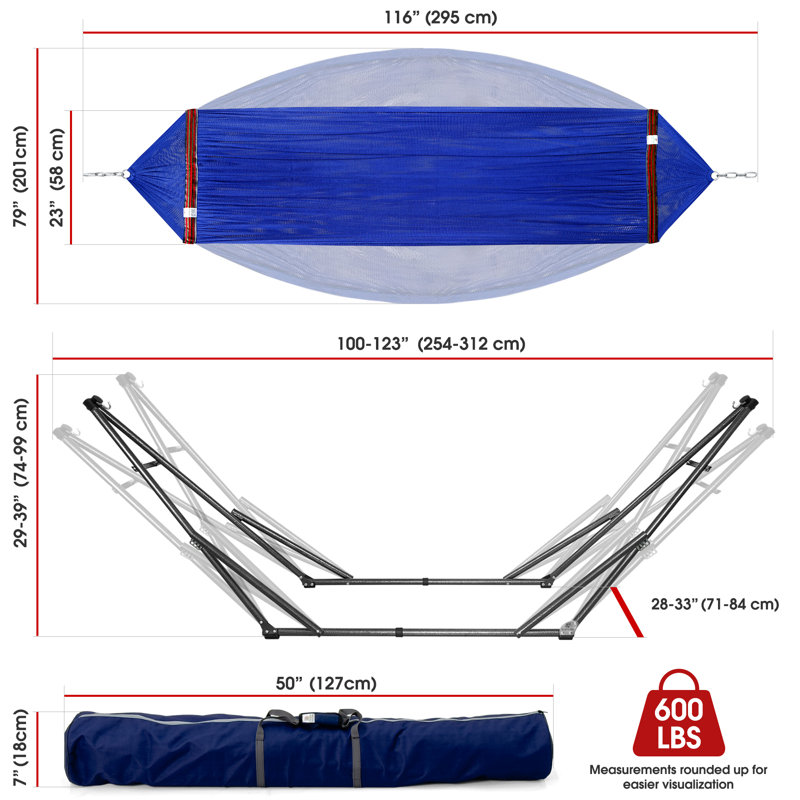 Hamac et support de camping Tranquillo, hamac pliable d'une capacité de 600 lb pour 2 personnes, support multifonctionnel haut de gamme sans bruit et sans vis, bleu