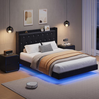 Cadre de lit avec lumières DEL, cadre de lit flottant en bois moderne avec rangement, tête de velours rembourrée avec dossier à oreilles pour rayon