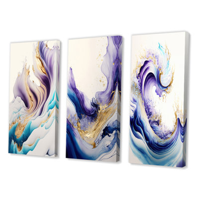 "Abstrait bleu, or et mauve" - 3 pièces sur toile