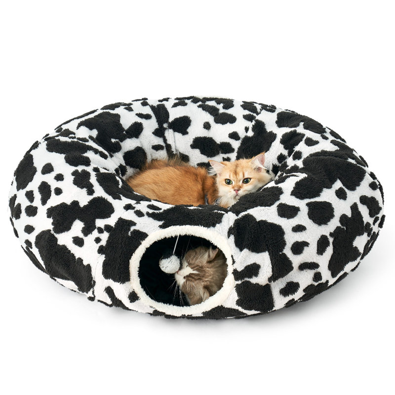 Lit rond pour chat avec tunnel lavable pour animal de compagnie pour chats, chatons, chiots et lapins, Noir, noir, noir, noir