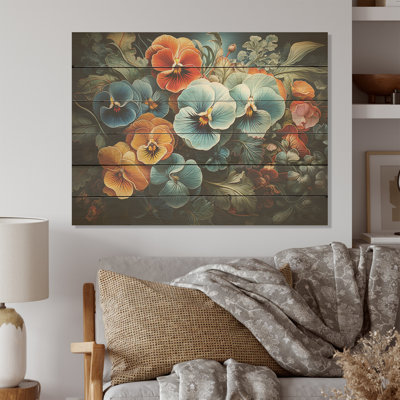 Pensées colorées réaliste Garden Splendor I - Pensées, art sur bois de pin naturel