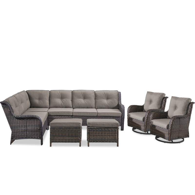 6-Piece Outdoor PE Rattan Sectional Seating Group With Cushions, Gray, Brown