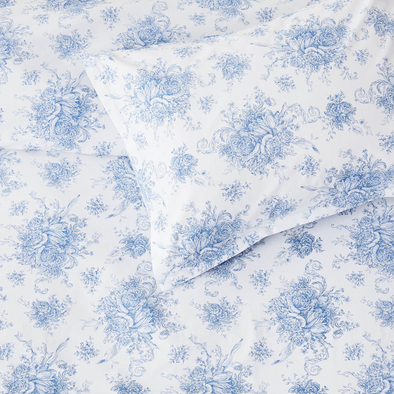 Floral Etching Percale Cotton Duvet Set, Blue, Queen Duvet Cover + 2 Pillow Shams