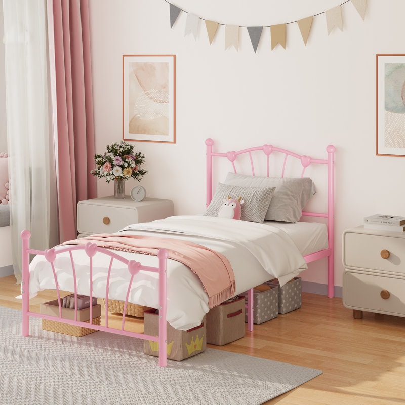 Base de lit simple en forme de cœur avec tête et pied de lit, lit plateforme avec support à lattes robuste