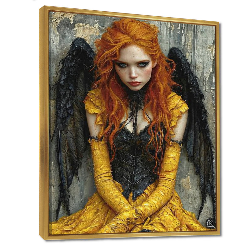 Art mural de salon gothique rousse Pixie Black Wings - ailes d'ange, Cadre flottant doré, H 20 po x l 12 po