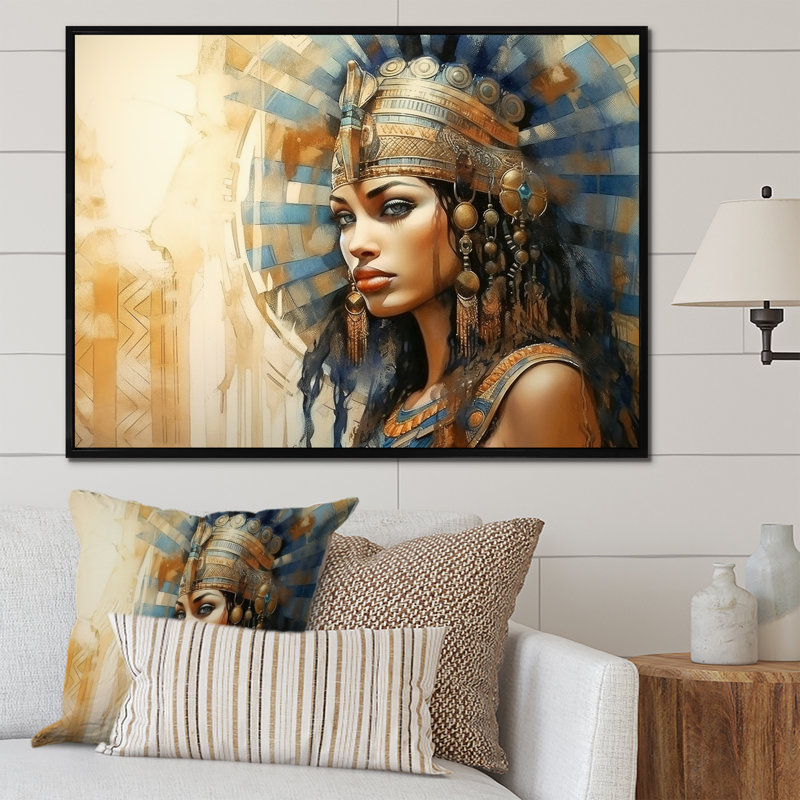 Or et bleu égyptien Pharaons femme IV - Égypte, art mural, Cadre flottant noir, H 12 po x l 20 po x P 1 po