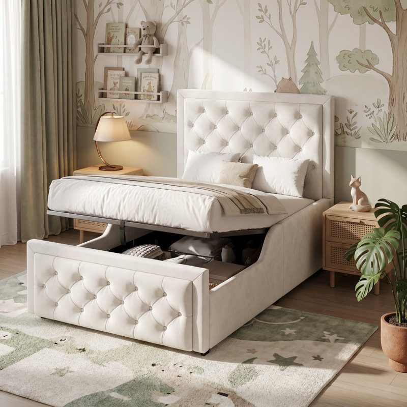 3ft Single Hydraulic Upholstered Bed With Storage, Velvet Buttoned Headboard, No Mattress, 90x190 Cm, Beige