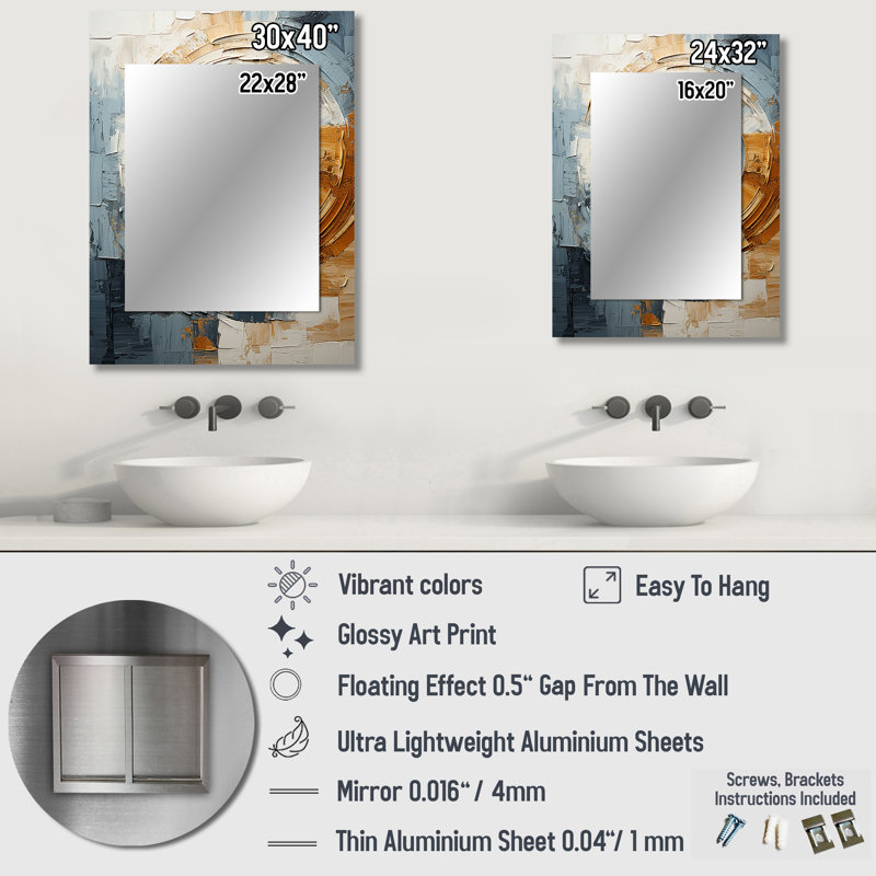 Blue Gold Timeless Turn Vortex - Abstract Spirals Unique Mirror, Blue Large Wall Mirror, Printed Metal Art, 40" x 30"