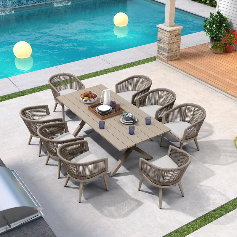  Outdoor Dining Set For 8 All-weather 9 Pieces Patio Aluminium Dining Table And Rope Weave Chairs Included Cushions For Backyard Indoor Decor Kitchen Patio Furniture Set Grey And Navy