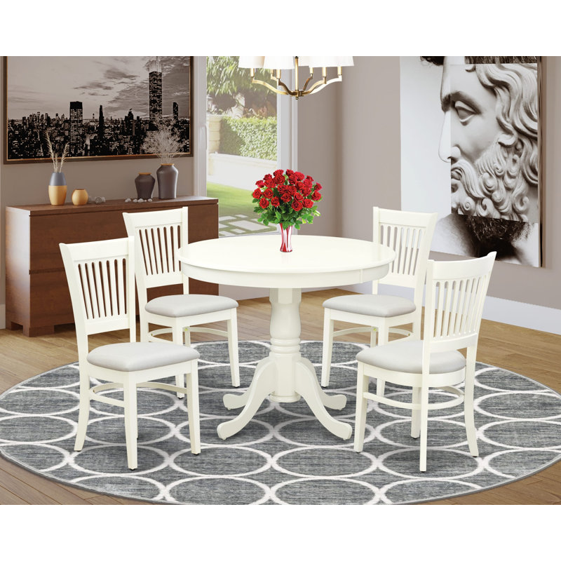 Ensemble de table de salle à manger 5 pièces comprenant une table de cuisine ronde avec piédestal et 4 chaises de salle à manger rembourrées en tissu de lin, 36 x 36 pouces, blanc lin