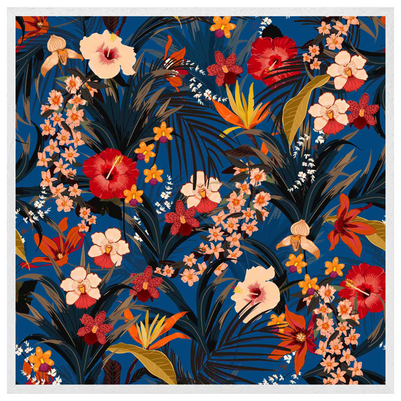 Inavale Bright Red & Orange Tropical Flowers & Plants - Single Picture Frame Print, 41cm H x 41cm W x 4cm D, White Framed
