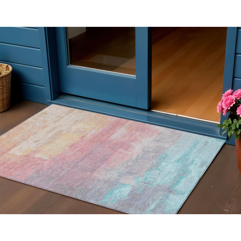 3' X 5' Salmon And Beige Abstract Washable Indoor Outdoor Area Rug