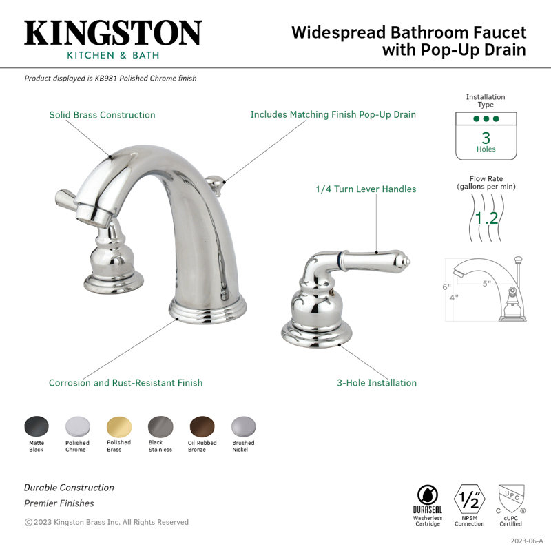 Robinet de salle de bain espacé Kingston, Laiton poli
