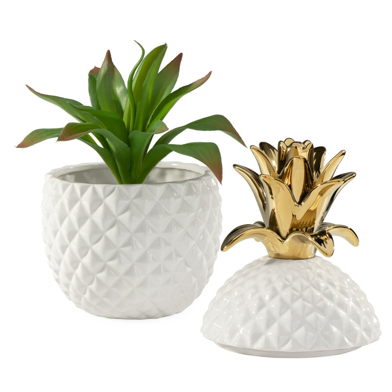  Pot de rangement ananas en céramique blanc Duffey avec couronne dorée, H 11 po x l 6,25 po x p 6,25 po, Doré / Blanc