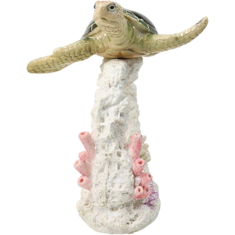 Marine Green Sea Turtle Swimming Over Coral Reef With Acrylic LED Light Figurine