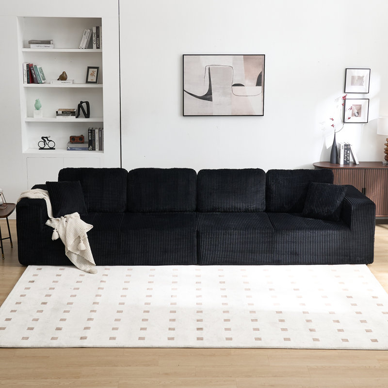 2-Piece Modern Compression Modular Overstuffed Corduroy Double-Loveseat Sectional Sofa-No Assembly Needed, Black Corduroy