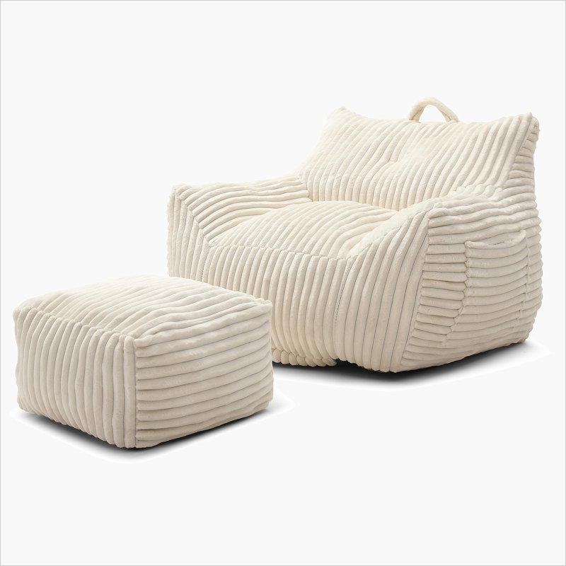 Corduroy Bean Bag Chair With Ottoman,Comfy Foam Large Lazy Sofa, Beige
