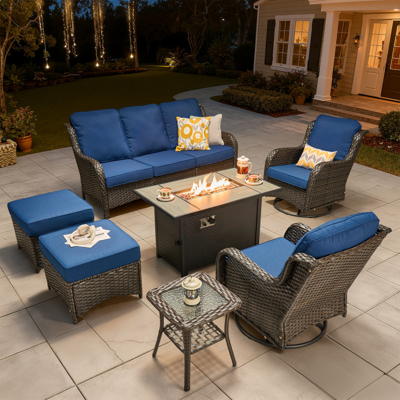 5 - Person Wicker Outdoor Conversation Set, Patio Sofa & Swivel Chair Set with Fire Pit and Cushions, Gray Cushion/Gray Frame