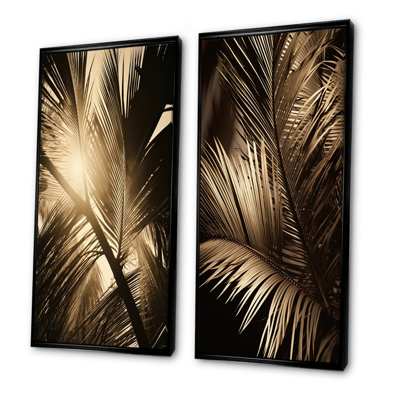 Sépia sérénité feuilles de palmier - palmiers et palmiers, ensemble de 2 toiles d'art mural, Cadre noir, H 28 po x l 25 po