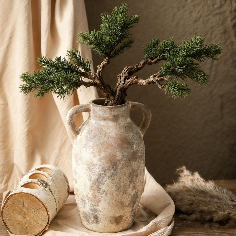 Vase en céramique de 9,6 pouces en terre cuite avec poignées, vase rustique de style campagnard pour décoration intérieure