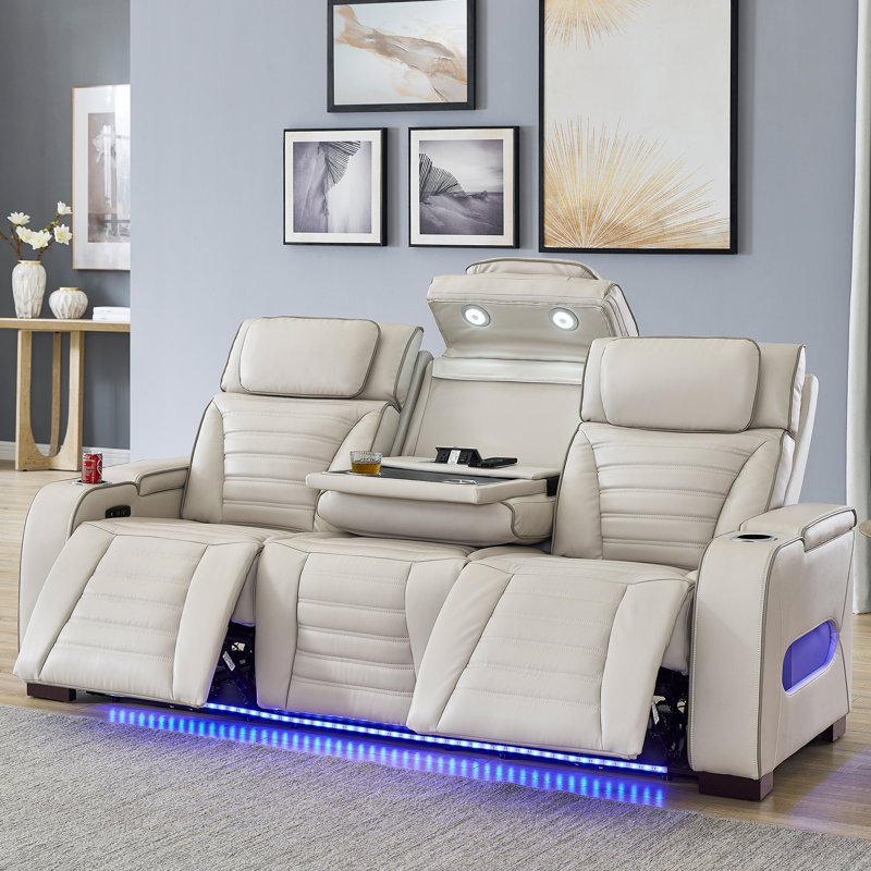 Canapé inclinable électrique en cuir 85,5 po avec table rabattable et 2 porte-gobelets, Blanc