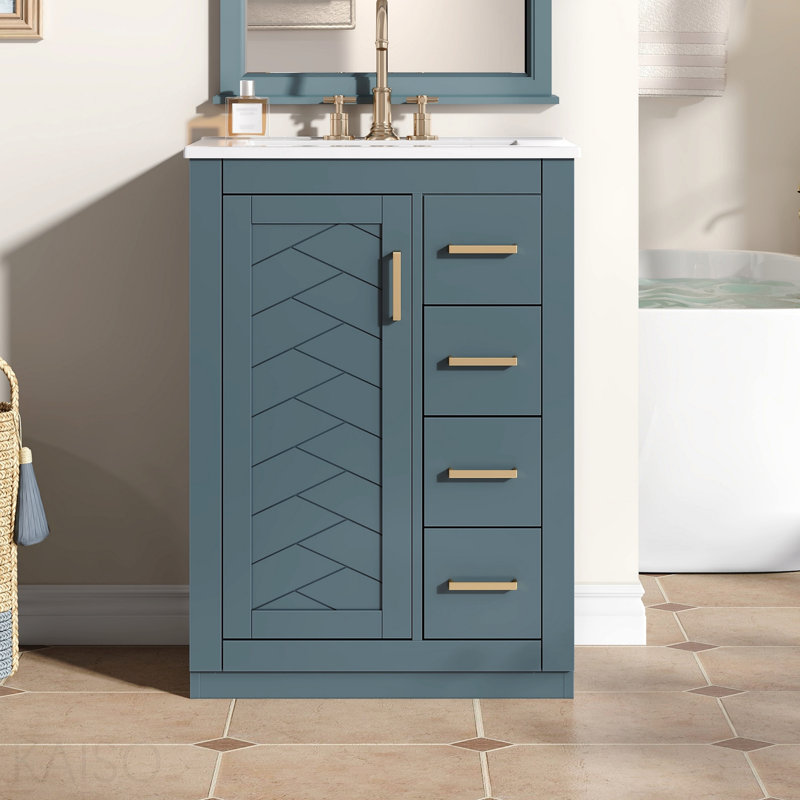 Meuble-lavabo 24 po avec lavabo intégré en céramique, meuble-lavabo simple avec 1 porte et 3 tiroirs pour salle de bain petite et moyenne, bleu