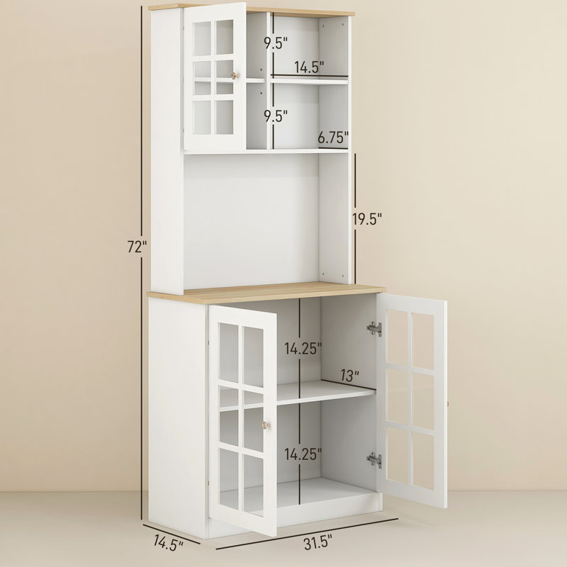 Armoire de cuisine, armoire de rangement autoportante de 72 po avec huche, grand comptoir, portes en verre et tablettes réglables, armoire à micro-ondes, armoire à café pour la salle à manger, blanc