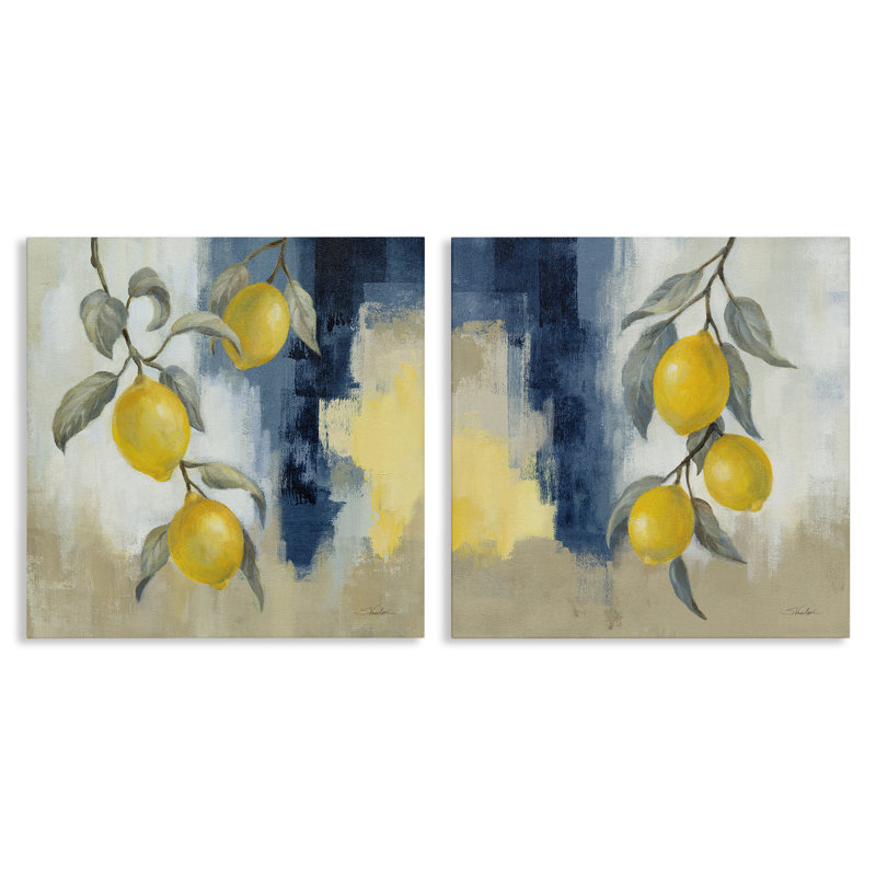 Ensemble abstrait d'art mural sur toile abstrait 2 fruits citronnés par Silvia Vassileva, H 17 po x l 17 po