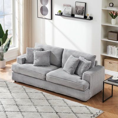 79.3'' Modern Corduroy Upholstered 3-Seater Sofa with 4 Throw Pillows