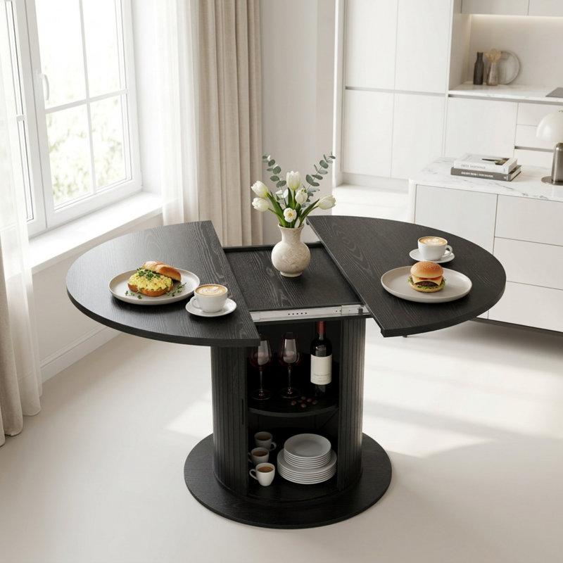 47"- 63" Extendable Round Oval Dining Table For 2-8 Person, 2-Tier Storage Kitchen Table With Dust-Proof Shelf, Black, Black