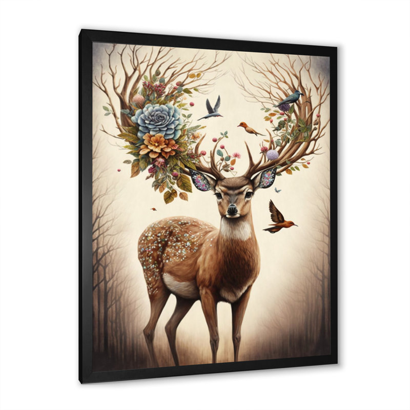 «Deer with Blooming Antler II», reproduction sur toile, Toile encadrée noire à coins fermés, H 32 po x l 16 po x P 1 po