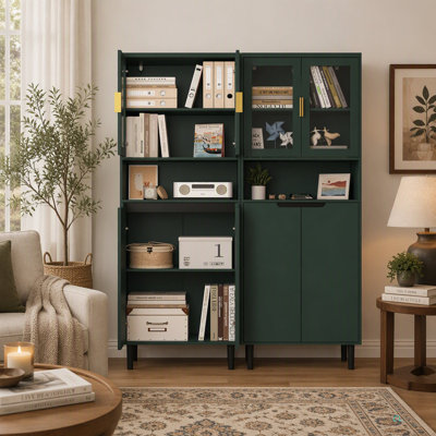Tall Storage Bookcase With 2 Glass Display Door & 2 Doors, Tall Kitchen Pantry Cabinet With Gold Handles, Modern Cabinet Freestanding Living Room