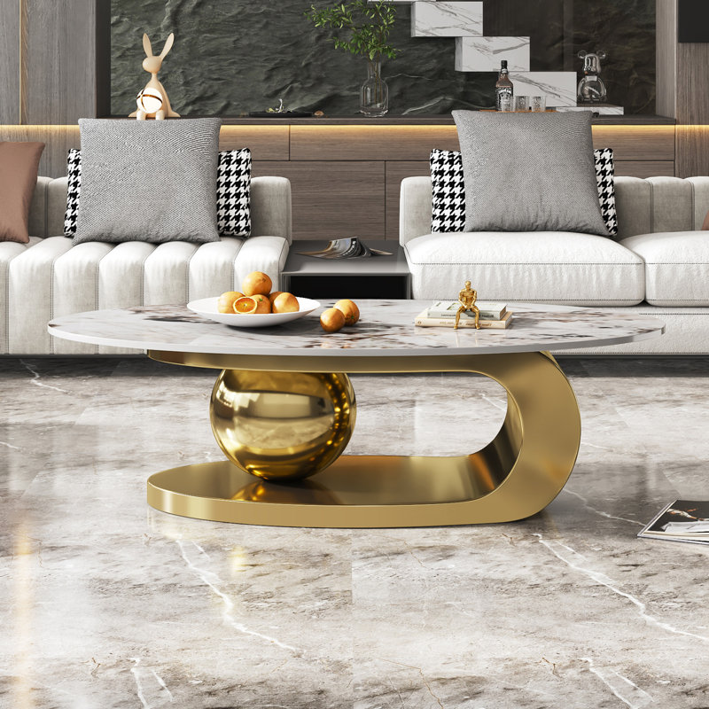 Luxury Oversize 49.2" Oval Coffee Table, Contemporary Center Table, Marble Coffee Table Top with Oversized Sphere Support for Living Room, Stainless Steel Base 