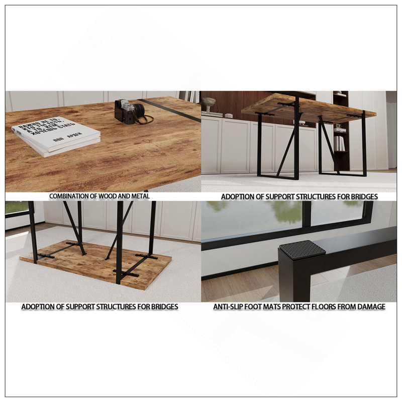 Table de salle à manger de 55 po en bois aggloméré rectangulaire moderne industriel en bois foncé, 4 à 6 personnes, plateau de table en bois d'ingénierie de 1,5 po d'épaisseur et pieds rectangulaires noirs en métal, utilisés pour la maison et la cuisine