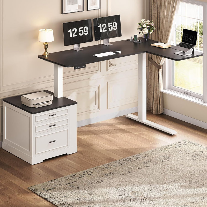 Bureau debout en L Farmhouse, Chêne, Blanc