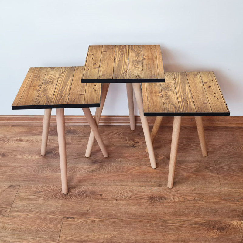 Ensemble de 3 tables gigognes brun rustique, panneau de fibres à densité moyenne avec pieds en bois de hêtre, grande table: 13,8 po x 20,5 po x 13,8 po, table moyenne: 13,8 po x 18,5 po x 13,8 po, petite table: 13,8 po x 16,5 po x 13,8 po | Élégant et polyvalent pour le salon ou le bureau