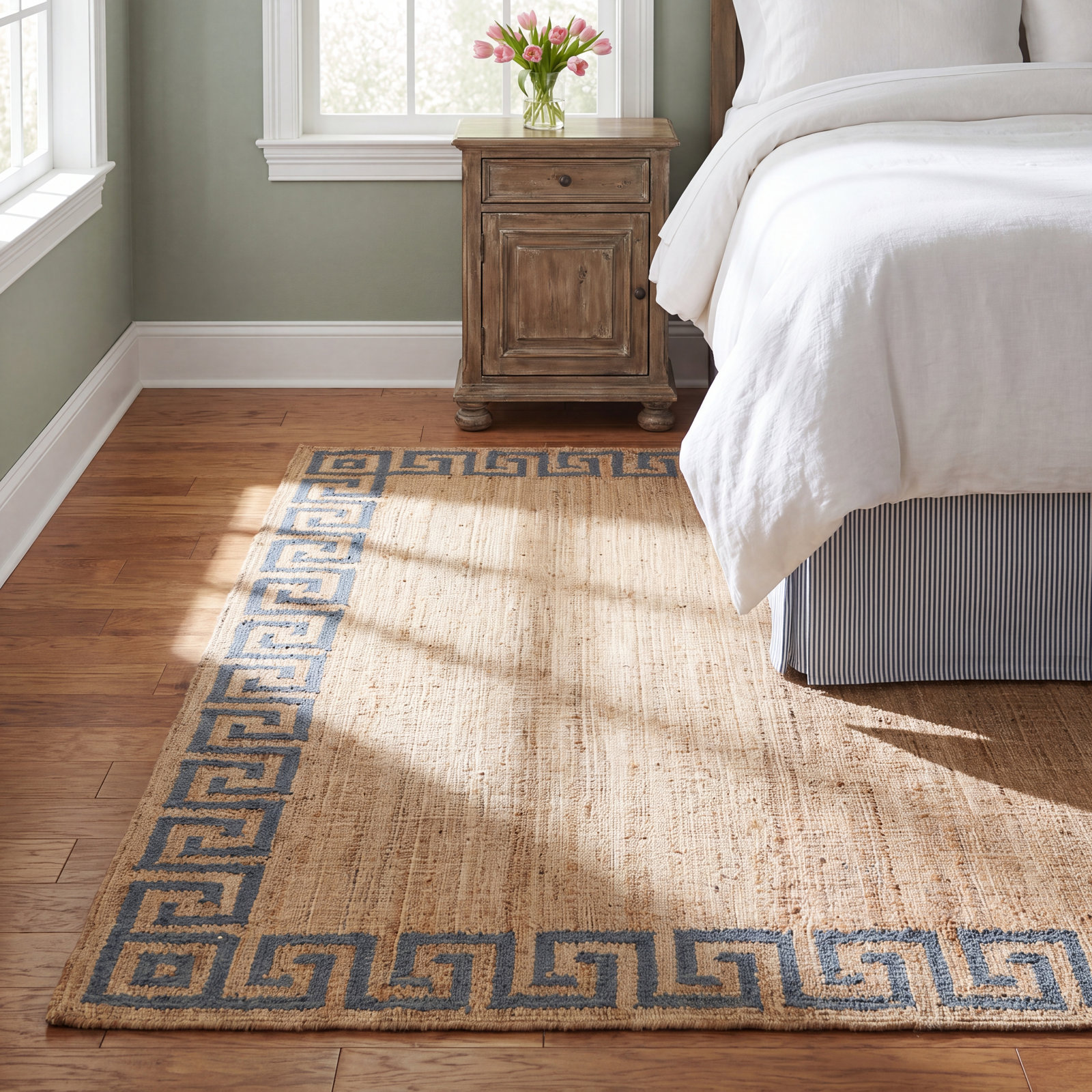 Orchard Greek Key Blue Hand-Woven Jute Rug, Rectangle 10' x 14'