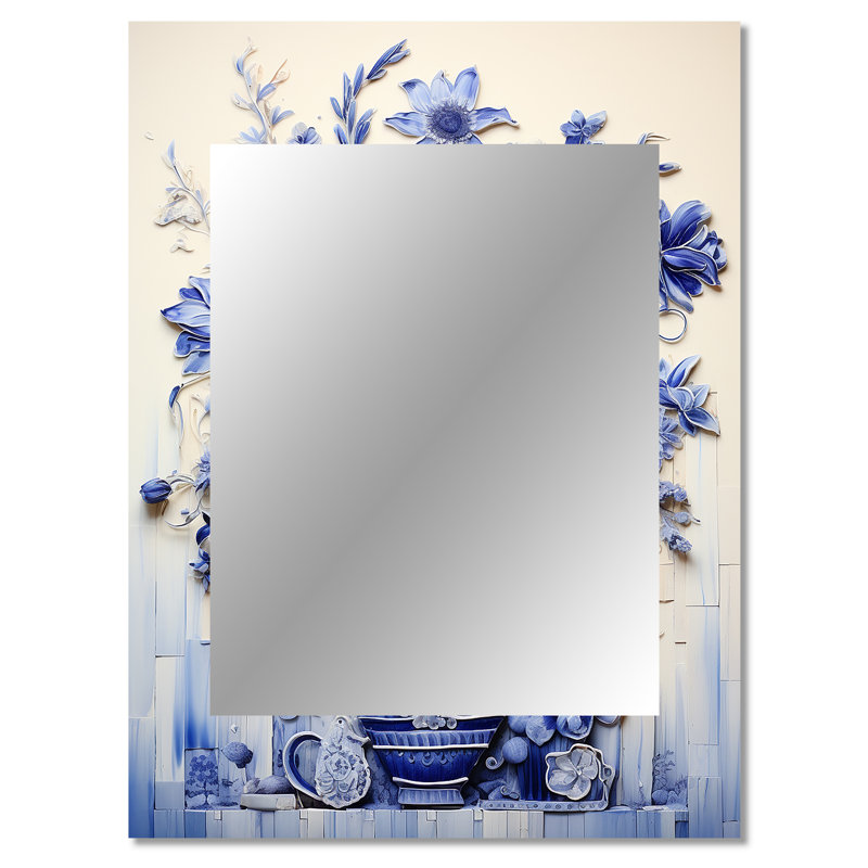 Bleu et blanc Boho Plant Pottery II - miroir unique de poterie Boho, 40 po x 30 po