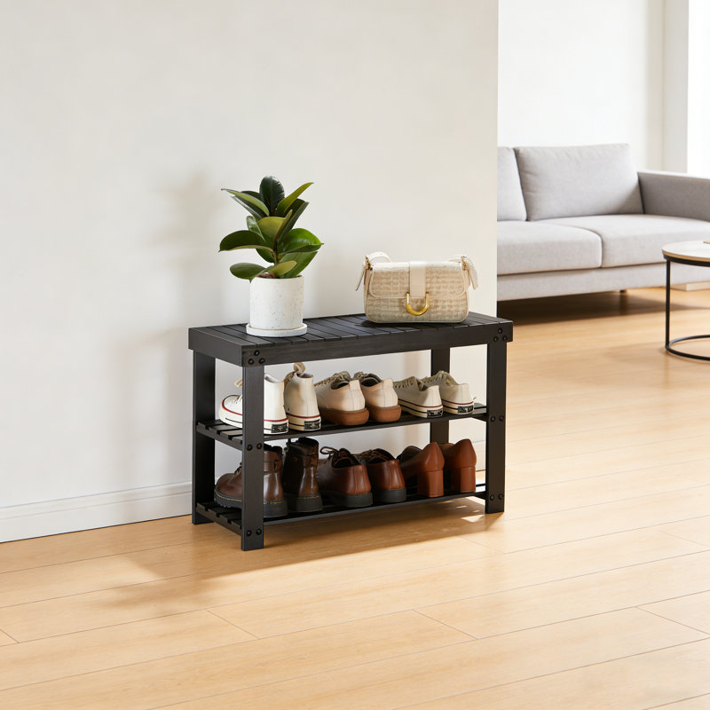 Bamboo Shoe Bench With 3-Tier Storage, Black