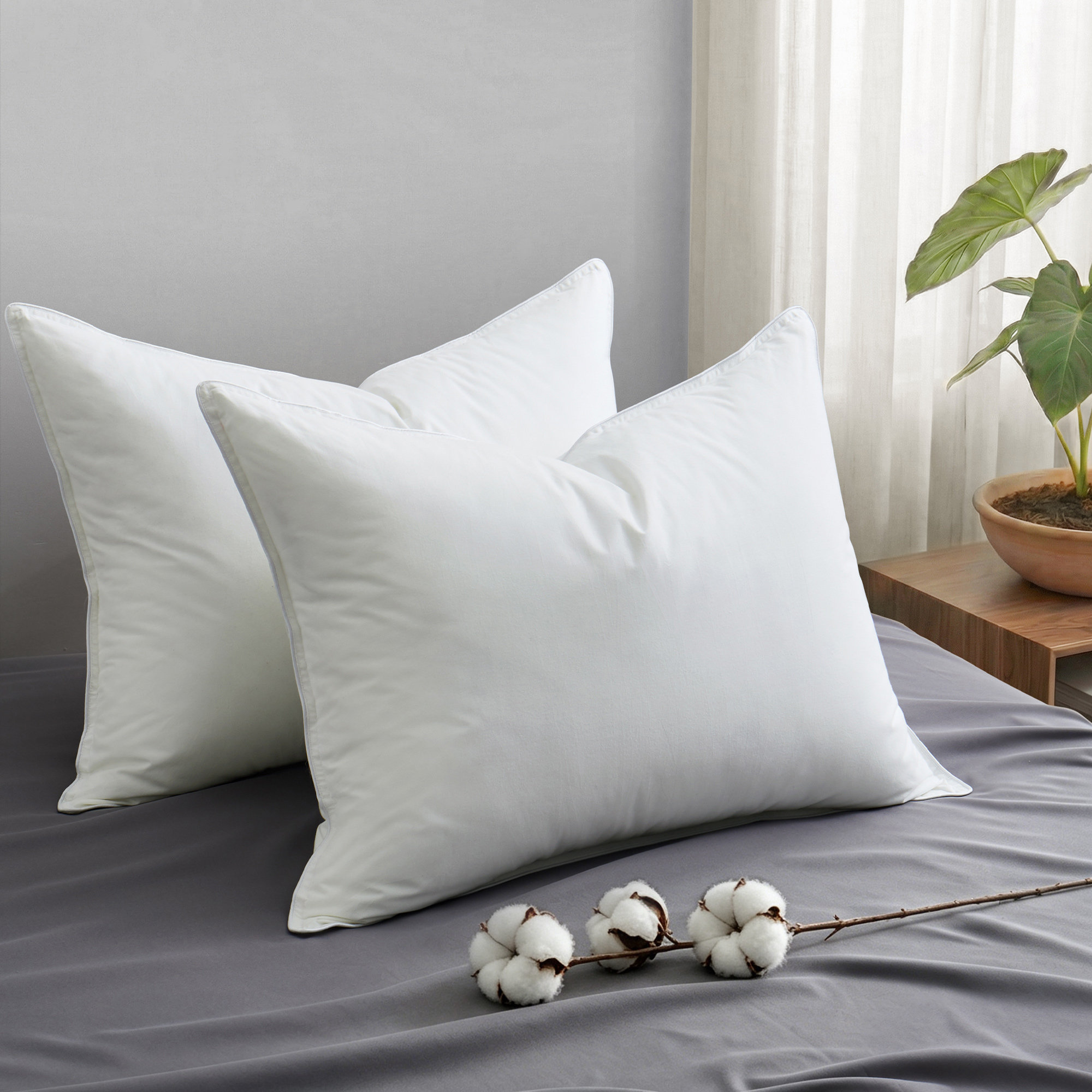 100% Cotton Feather-Proof Polyester Pillow Set of 2 – Breathable Cotton Cover & Durable Polyester Fill – Hypoallergenic Bed Pillow with Feather-Resistant Shell for All Sleep Positions